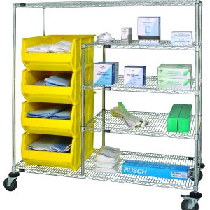 The Quantum Bin Transport Cart measures 60W x 24D x 69H, has a 1200 lbs load capacity, and includes (3) 36W x 24D wire shelves and (4) QUS955 yellow bins. It features a chrome-plated finish and wheels for easy mobility. Shipped KD.