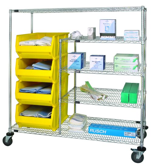WRCPL-63-2460-955_YL_MED.jpg The Quantum Bin Transport Cart measures 60W x 24D x 69H, has a 1200 lbs load capacity, and includes (3) 36W x 24D wire shelves and (4) QUS955 yellow bins. It features a chrome-plated finish and wheels for easy mobility. Shipped KD.
