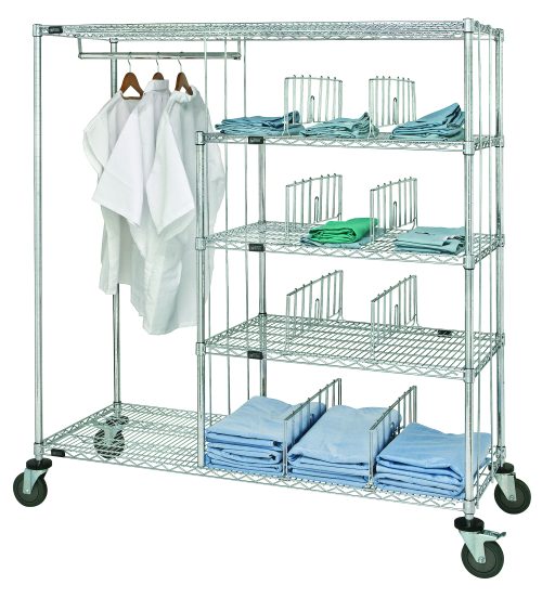 The Quantum Patient Apparel Cart, 60W x 24D x 69H, has a 1200 lbs load capacity and features a chrome-plated finish. It includes a 24 hang bar, three 36W x 24D wire shelves, and eight dividers—ideal for neatly folded linens and lab coats in healthcare or hospitality settings.