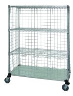 The Quantum Wire Enclosed Cart is mobile with a 36W x 24D x 69H size, supporting up to 1200 lbs. It includes three wire shelves, one solid galvanized steel shelf, and four enclosure panels. The cart stands on four posts with donut bumpers and rolls smoothly on 5 thermoplastic resin casters.