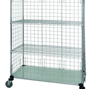 The Quantum Wire Enclosed Cart is mobile with a 36W x 24D x 69H size, supporting up to 1200 lbs. It includes three wire shelves, one solid galvanized steel shelf, and four enclosure panels. The cart stands on four posts with donut bumpers and rolls smoothly on 5 thermoplastic resin casters.