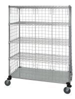 The Quantum Wire Enclosed Cart features a solid galvanized steel shelf and grid-patterned wire shelves, with a 1200 lb. capacity. It has dimensions of 36W x 24D x 69H and includes four casters for mobility, making it ideal for storage or organization with open visibility.