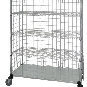 The Quantum Wire Enclosed Cart features a solid galvanized steel shelf and grid-patterned wire shelves, with a 1200 lb. capacity. It has dimensions of 36W x 24D x 69H and includes four casters for mobility, making it ideal for storage or organization with open visibility.