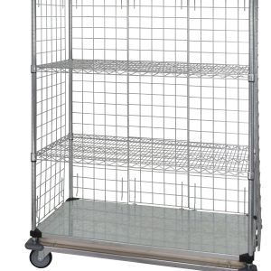 The Quantum Wire Enclosed Cart, measuring 36W x 24D x 69H, features a metal rack with three wire shelves and a solid galvanized steel shelf for versatile storage. It includes enclosure panels and moves easily on thermoplastic resin casters.
