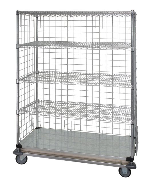 The Quantum Wire Enclosed Cart features a 1200 lb. capacity, four wire shelves, a solid galvanized steel shelf, enclosure panels, and a dolly base with chrome finish. It includes four thermoplastic resin casters (two rigid, two swivel with brakes) for mobility. Dimensions: 36W x 24D x 69H.
