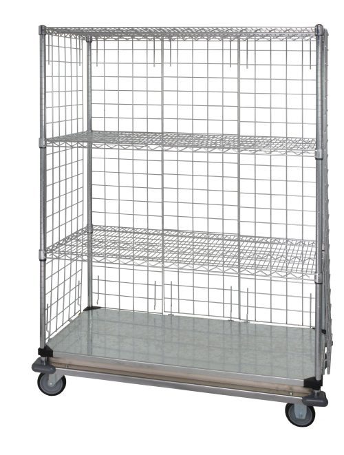 The Quantum Wire Enclosed Cart, measuring 36W x 24D x 69H, features a metal rack with three wire shelves and a solid galvanized steel shelf for versatile storage. It includes enclosure panels and moves easily on thermoplastic resin casters.