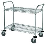 The Quantum Utility Cart features two wire shelves with a 1200 lb. capacity and dimensions of 36W x 18D x 37-1/2H. It includes U shaped handles, an open base, donut bumpers, four 5 polyurethane swivel casters (two with brakes), and is made of NSF-certified 304 stainless steel.