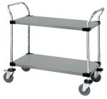 The Quantum Utility Cart, measuring 36W x 18D x 37-1/2H, has an open base with two solid shelves and a 1200 lb. capacity. It features two U shaped handles for easy maneuvering, is finished in gray, and equipped with four 5 polyurethane swivel casters—two with brakes for stability.