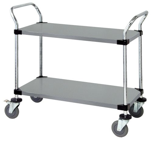 The Quantum Utility Cart, measuring 36W x 18D x 37-1/2H, has an open base with two solid shelves and a 1200 lb. capacity. It features two U shaped handles for easy maneuvering, is finished in gray, and equipped with four 5 polyurethane swivel casters—two with brakes for stability.