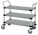 The Quantum Utility Cart, measuring 36W x 18D x 37-1/2H, features U shaped handles, an open base, and three solid shelves. Made of 304 stainless steel with donut bumpers, it includes four 5 polyurethane swivel casters (two with brakes) for easy maneuverability and storage.