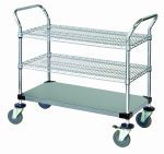 The Quantum Utility Cart, measuring 36W x 18D x 37-1/2H, features two U shaped handles and a solid base, includes two wire shelves, and can hold up to 1200 lb. Made of 304 stainless steel with donut bumpers, it has four swivel casters (two with brakes) for efficient transport.