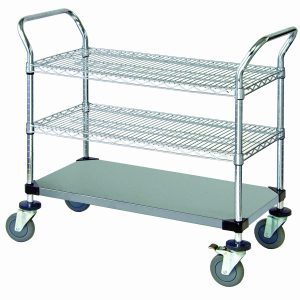 The Quantum Utility Cart, measuring 36W x 18D x 37-1/2H, features two U shaped handles and a solid base, includes two wire shelves, and can hold up to 1200 lb. Made of 304 stainless steel with donut bumpers, it has four swivel casters (two with brakes) for efficient transport.