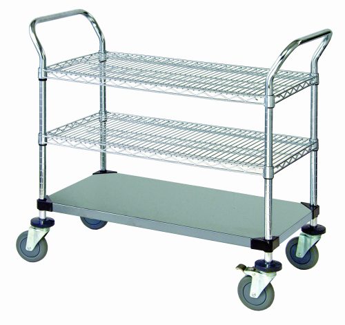 The Quantum Utility Cart, measuring 36W x 18D x 37-1/2H, features two U shaped handles and a solid base, includes two wire shelves, and can hold up to 1200 lb. Made of 304 stainless steel with donut bumpers, it has four swivel casters (two with brakes) for efficient transport.