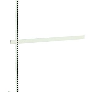 The Quantum Partition Wall Add-On Unit, with a white finish and C-shaped base, includes an upright and three tie-bars. Its 36W x 50D x 70H and serves as an adjustable double-sided rack for displaying or storing clothing.