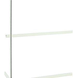 The white metal Quantum Partition Wall Add-On Unit has a T-shaped base, adjustable height with multiple holes, and includes one upright and three tie-bars. The double-sided unit measures 48W x 50D x 70H, standing empty against a plain background, ready for your wardrobe essentials.