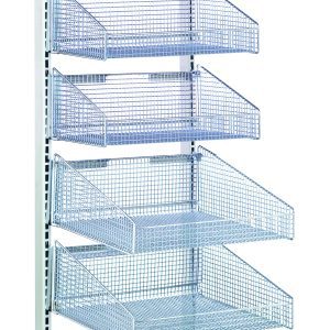 The Quantum Partition Wall Starter Unit is a mobile, single-sided storage rack measuring 18W x 26D x 74H, with eight angled metal mesh baskets in white and chrome. It includes four black caster wheels for easy mobility.