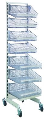 The Quantum Partition Wall Starter Unit is a mobile, single-sided metal rack measuring 18W x 26D x 74H. It includes eight wire mesh baskets mounted vertically on four wheels, each basket open at the top and tilted forward for easy access, with (4) 1017HBC with (6) dividers and (3) 1617HBC with (5) dividers.