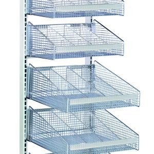 The Quantum Partition Wall Starter Unit is a mobile, single-sided metal rack measuring 18W x 26D x 74H. It includes eight wire mesh baskets mounted vertically on four wheels, each basket open at the top and tilted forward for easy access, with (4) 1017HBC with (6) dividers and (3) 1617HBC with (5) dividers.