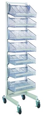 The Quantum Partition Wall Starter Unit, a mobile single-sided rack with an 18W x 26D x 74H frame, features a white and chrome finish. It includes seven mesh wire baskets and ten dividers, ideal for organizing or displaying items with functional, industrial charm.