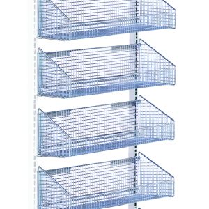 The Quantum Partition Wall Add-On Unit is a tall, mobile, single-sided storage rack in a white and chrome finish, featuring seven blue wire baskets vertically arranged. It has four wheels (two with brakes), and each basket is slightly tilted for easy access to essentials.