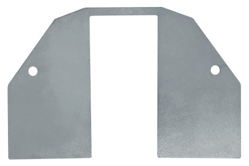 The Quantum Track End Plates, NSF certified and Made in the USA (Set of 4), feature a flat metallic bracket with a rectangular cutout in the center, slanted top edge, and two symmetrically placed circular holes near the top. They have a smooth reflective surface and include hardware for easy installation.