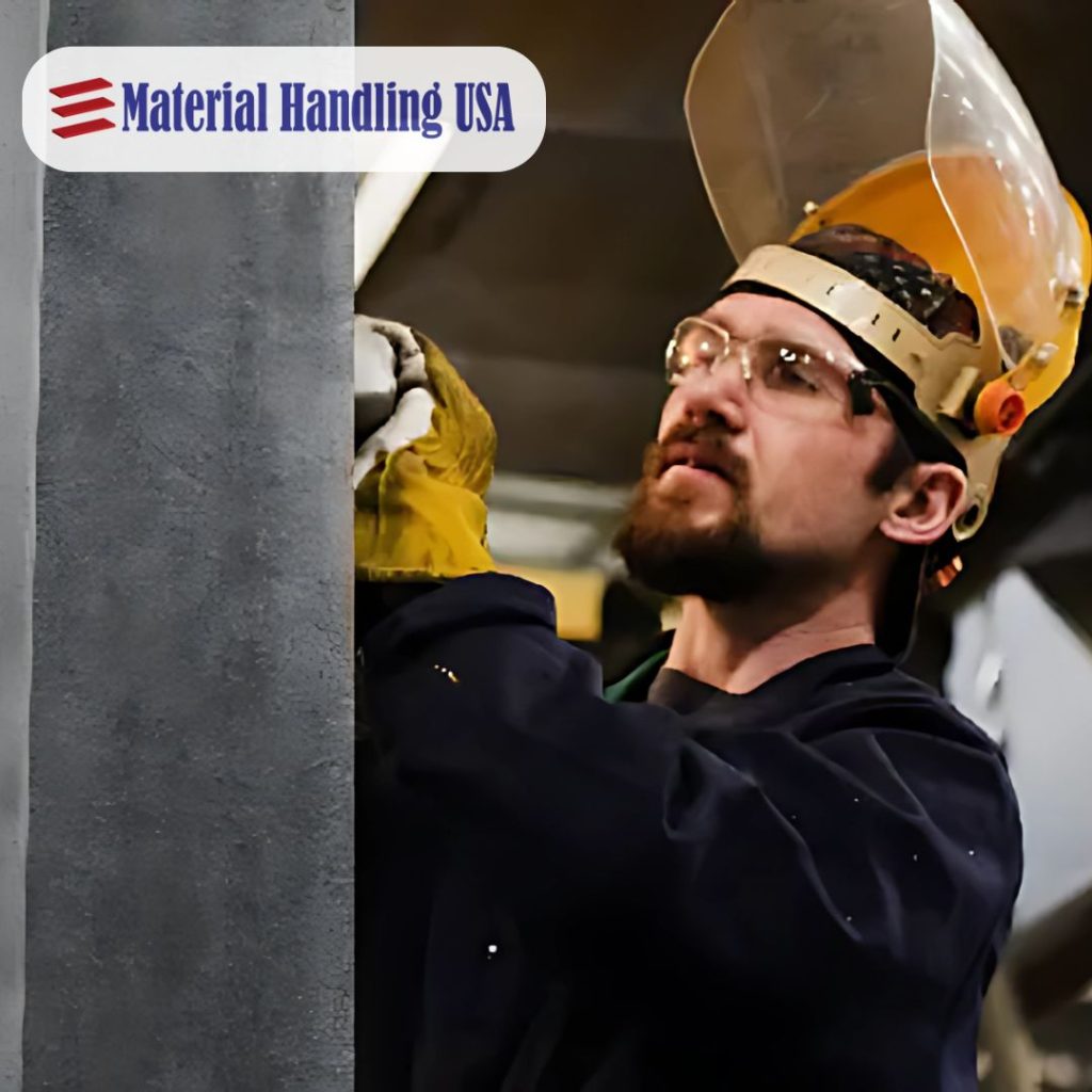 A worker donning a face shield, safety glasses, and gloves operates a tool on a vertical metal surface, likely part of retail shelving. The Material Handling USA logo is prominently displayed in the top left corner.