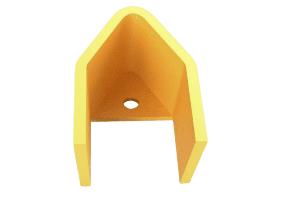 A yellow, triangular bracket with rounded edges and a small circular hole in the center, positioned upright on a white background.