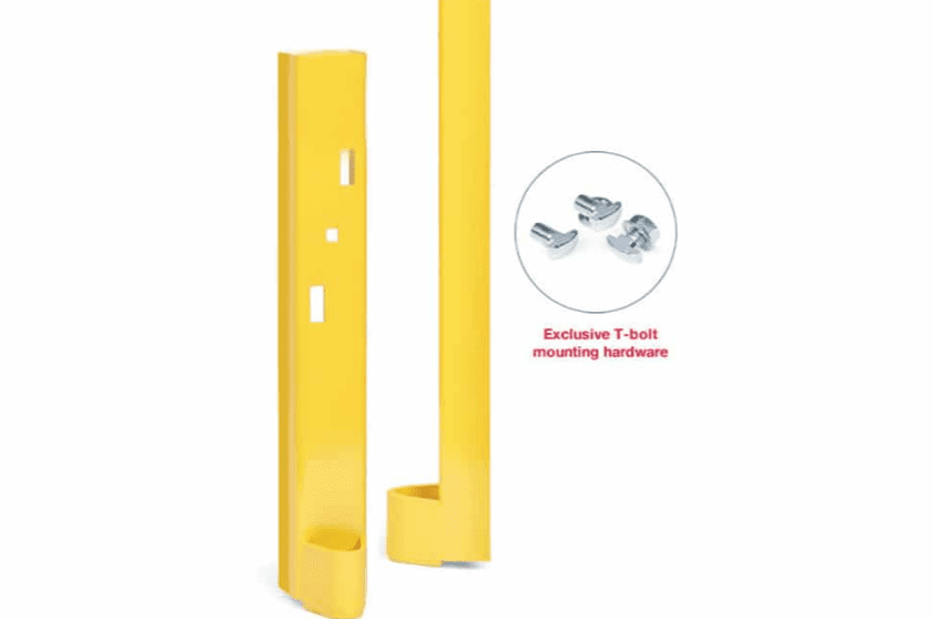 Two yellow vertical protective column guards with three rectangular cutouts. A circle to the right shows three T-bolt mounting hardware pieces labeled Exclusive T-bolt mounting hardware.