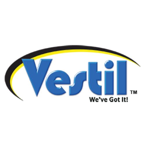 Logo featuring the word Vestil in bold blue letters with a tagline Weve Got It! underneath. A curved black and yellow swoosh arcs over the logo.