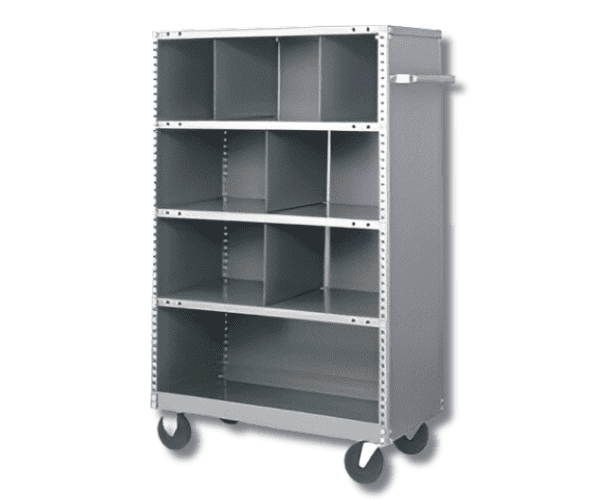 A gray, multi-shelf utility cart with six compartments, equipped for easy maneuverability on four caster wheels, exemplifies the benefits of using mobile shelving systems. Positioned against a white background, it features a convenient handle on one side.