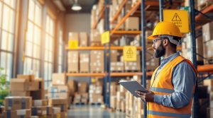 A man wearing a hard hat and reflective vest stands in a warehouse, holding a clipboard. He is observing stacked shelves filled with boxes. Sunlight streams in from large windows, illuminating the industrial setting.