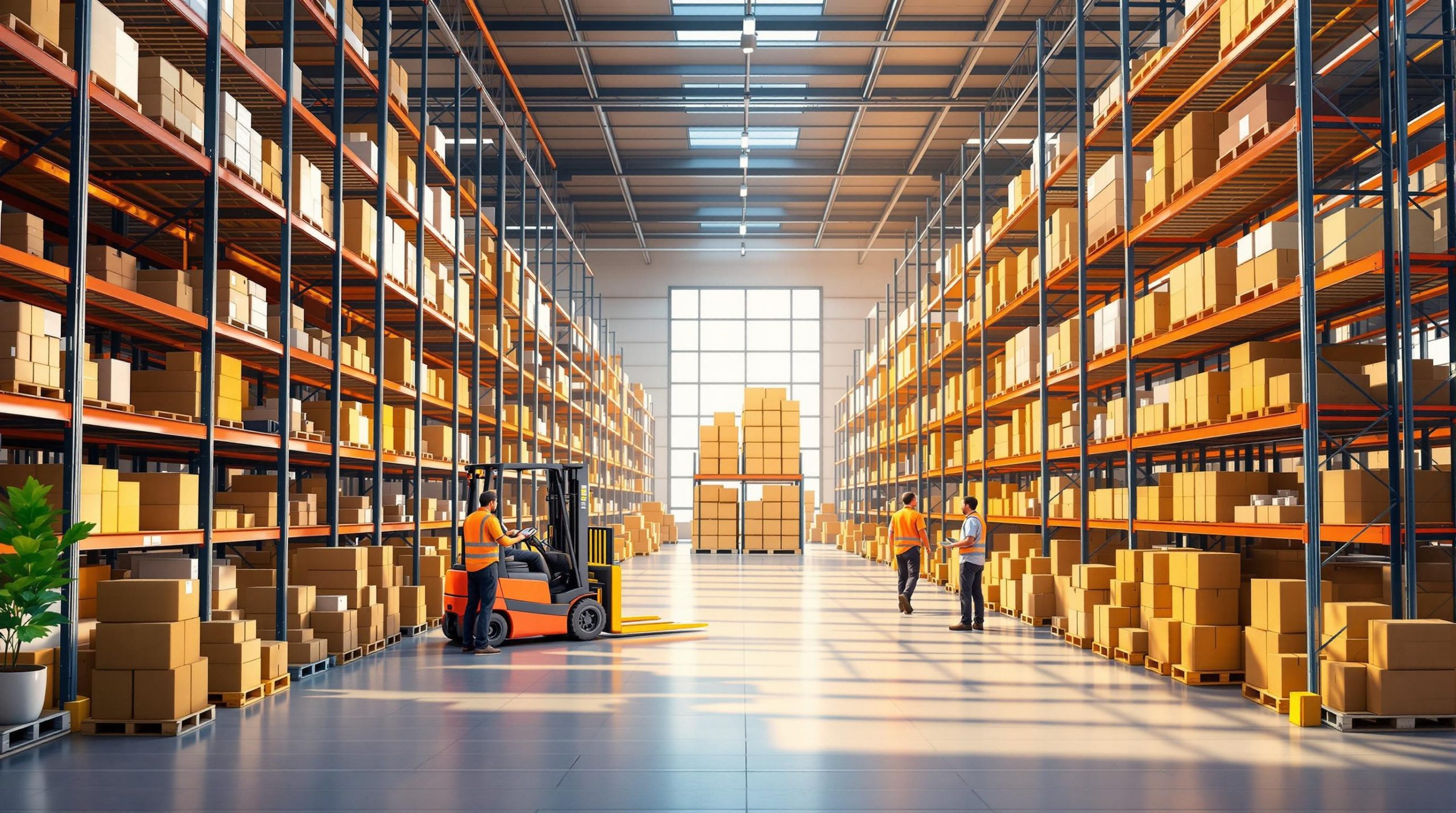A spacious warehouse with high shelves stacked with boxes. Two workers in orange vests organize boxes on the right. A forklift is operated by a worker on the left. Sunlight filters through tall windows at the back. A plant is in the foreground.