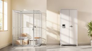 A bright room with a large window on the left. There is a wire cage containing packages and a wooden crate. Beside it stands a tall, white metal cabinet with a keypad and security lock. A potted plant is on the right.