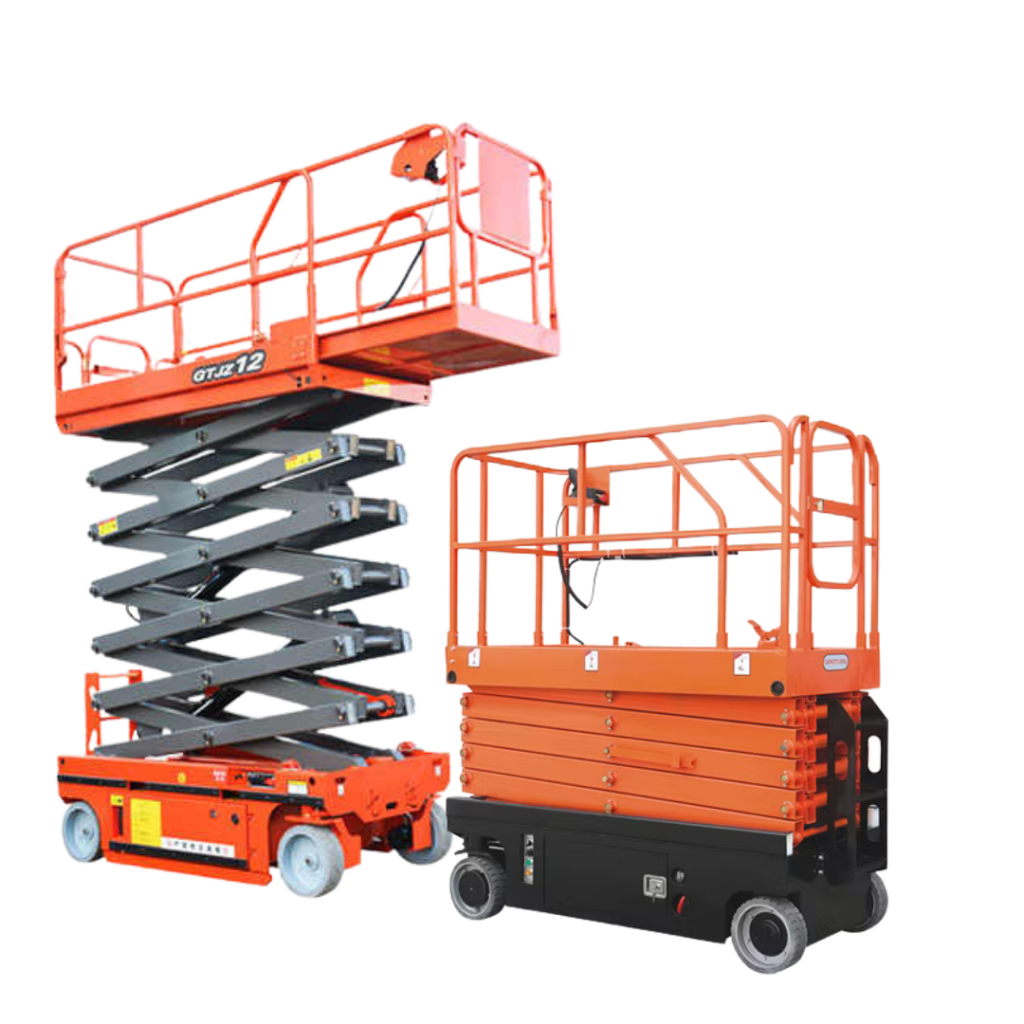 Two orange scissor lift platforms with guardrails; both are elevated, showing their accordion-style lifting mechanisms and wheels for mobility.