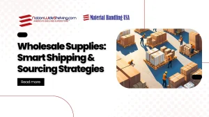 A digital illustration showcases a bustling warehouse, with workers expertly maneuvering pallets of wholesale supplies. Text reads, Wholesale Supplies: Smart Shipping & Sourcing Strategies, alongside logos for NationWide Shelving and Material Handling USA.