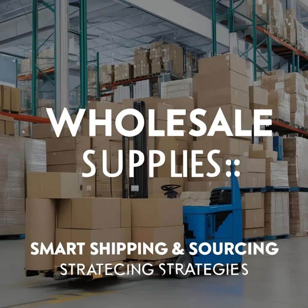 A bustling warehouse with shelves stacked high, a forklift efficiently moves boxes. Overlay text reads, Wholesale Supplies: Smart Shipping & Sourcing, Strategic Strategies.