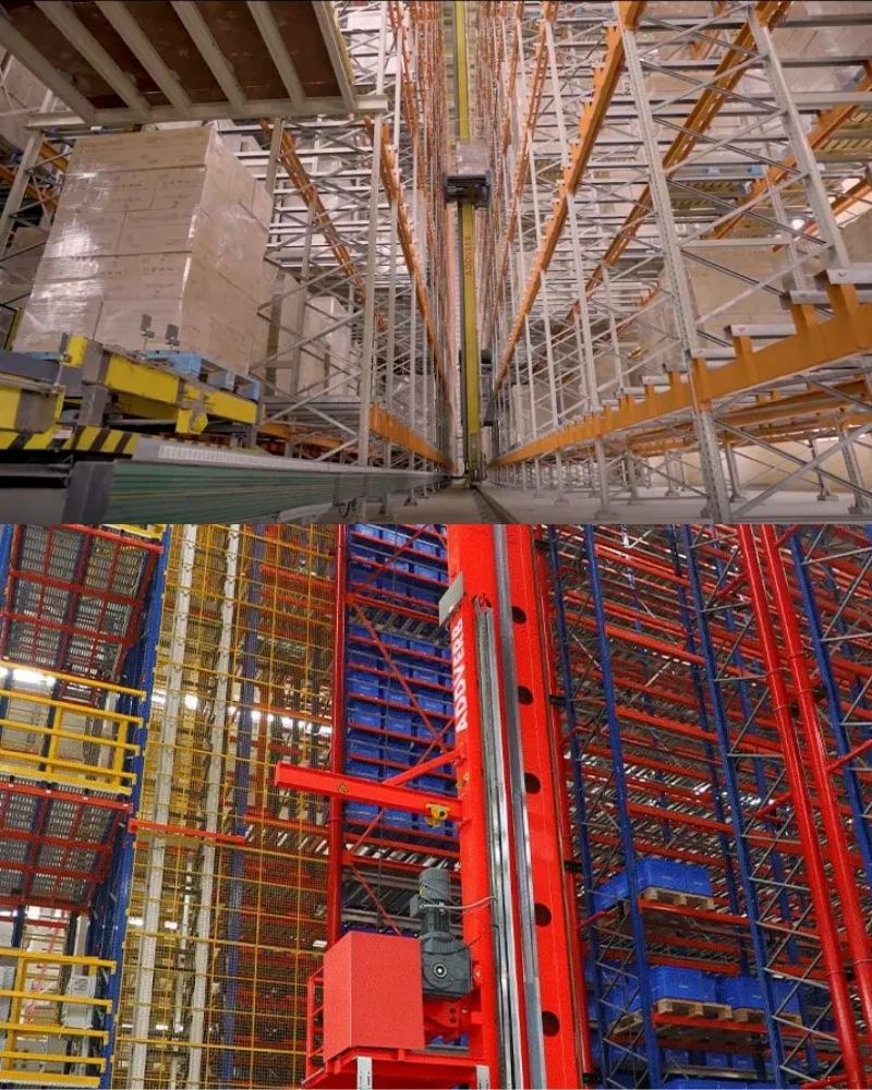 Two views of Skyron crane ASRS operating in tall racking systems, handling pallets at various levels.