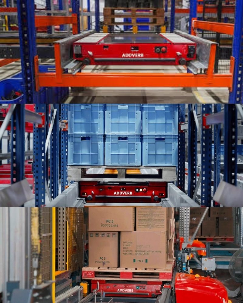 Cruiser shuttle transporting pallets and totes through racking lanes in a semi-automated storage system.