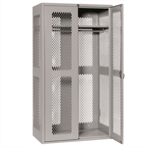 A metal locker with a mesh door and sides stands open, revealing an empty interior with a hanging rod and shelf. The light gray, vented design is ideal for airflow, making it perfect for Department: Law Enforcement storage needs.
