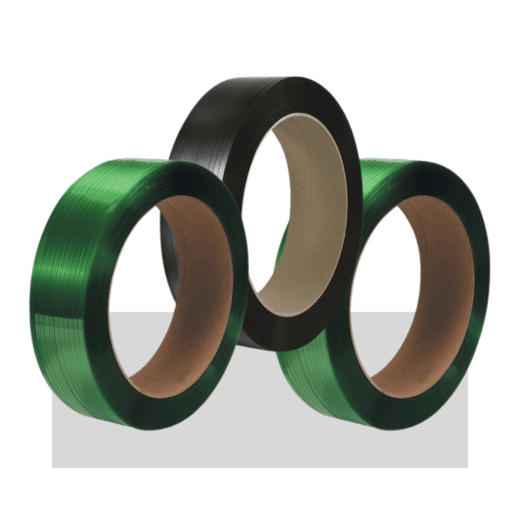 Three rolls of strapping tape from Material Handling USA—two green and one black with cardboard cores—stand upright on a gray surface against a transparent background.
