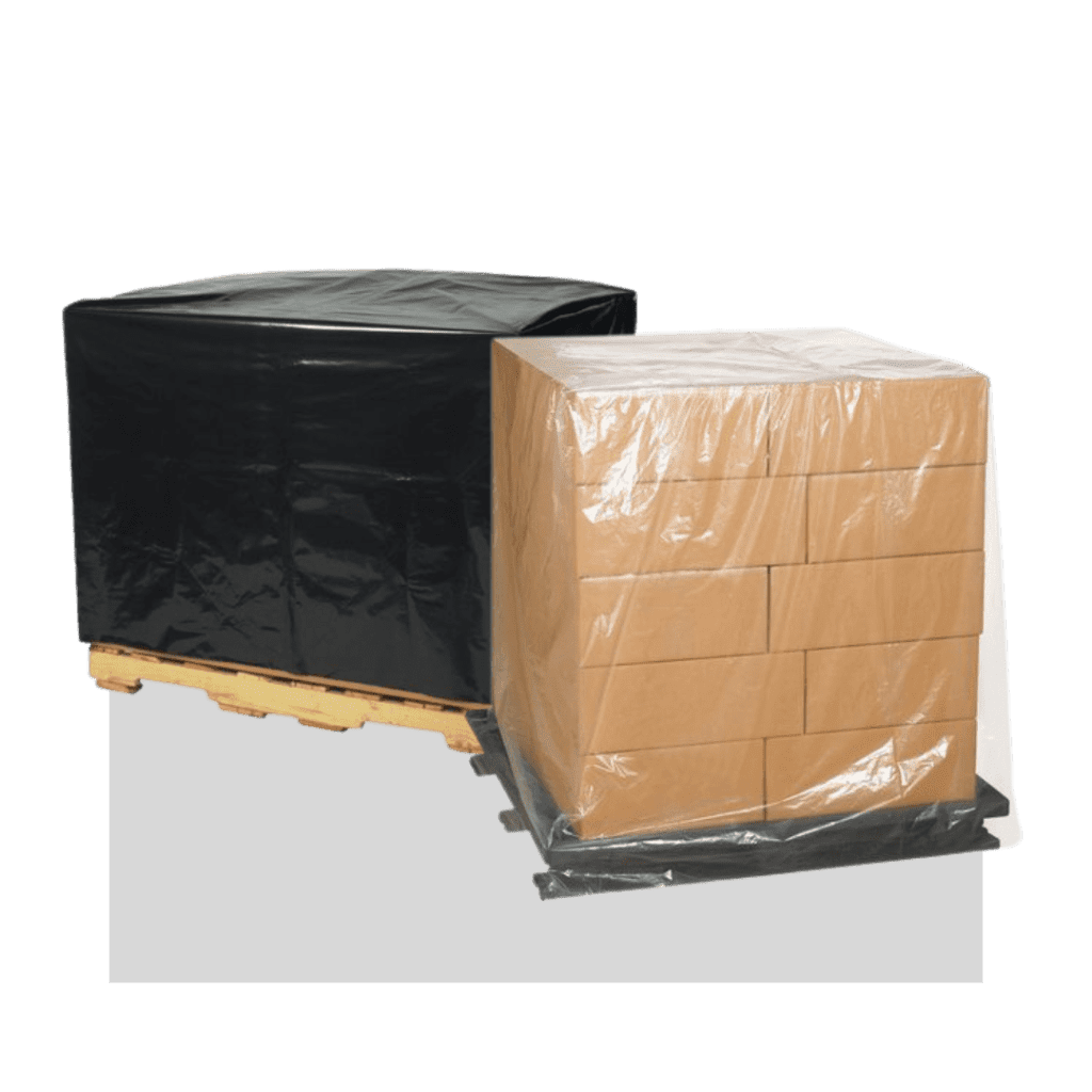 Two pallets stacked with cardboard boxes, one covered with a black plastic sheet and the other with a transparent plastic sheet, both placed on a light gray surface—ideal for efficient Material Handling USA operations.