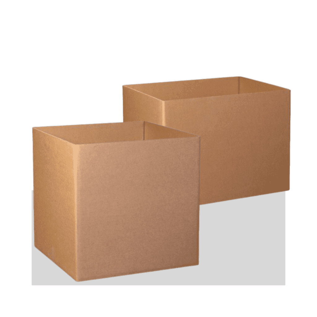 Two open, empty brown cardboard boxes from Material Handling USA are placed side by side on a plain surface with a white background.
