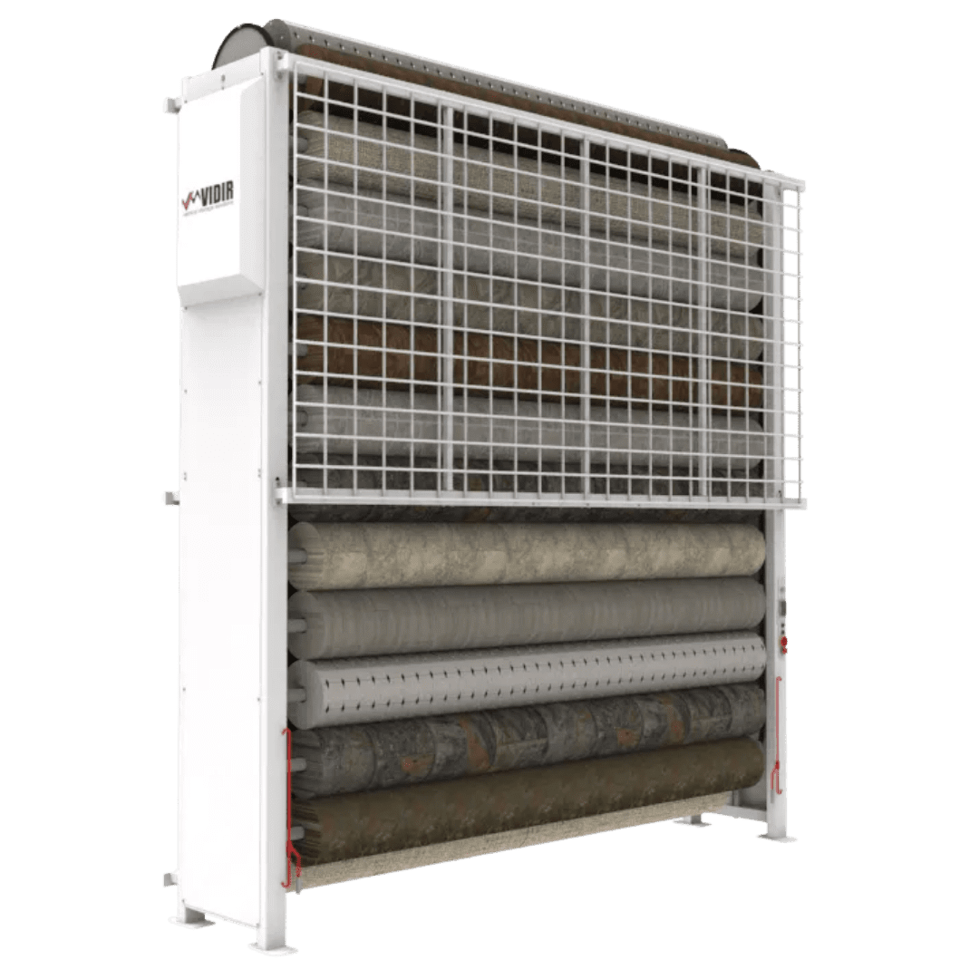 A large, vertical storage rack with multiple cylindrical slots for stone or metal pipes features a white metal frame and protective grid. The Yidir logo is visible on the upper left side—a testament to advanced Space Optimization Systems.