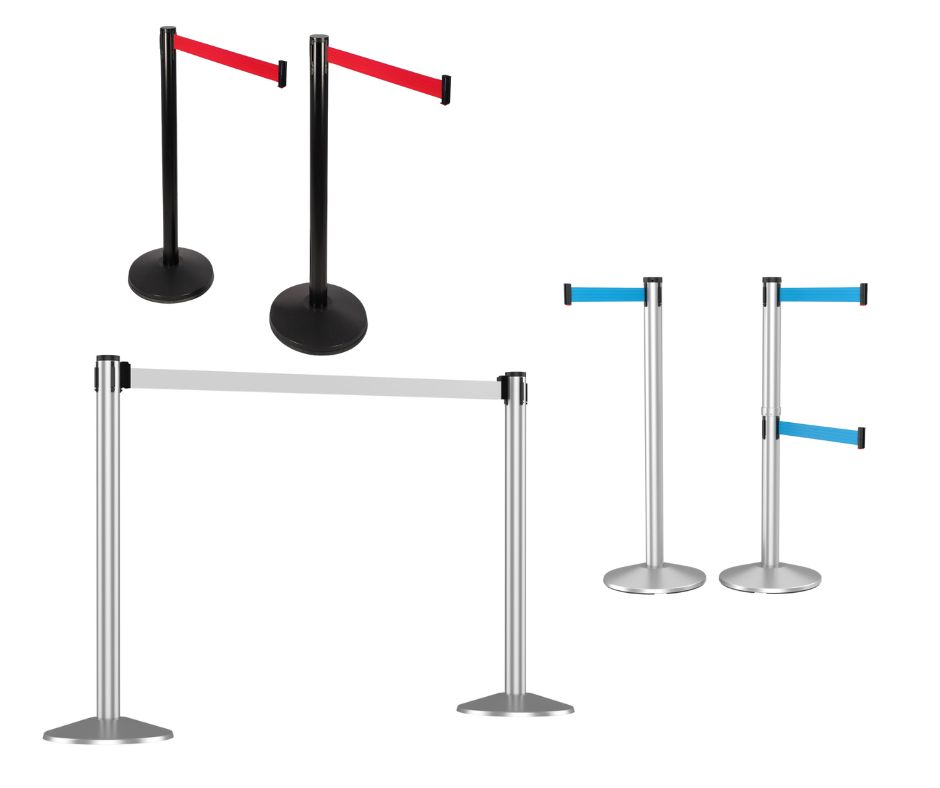 Four pairs of heavy-duty crowd control barriers: one pair with red belts and black posts, one with white belts and silver posts, and one with blue belts and silver posts, all on a white background.
