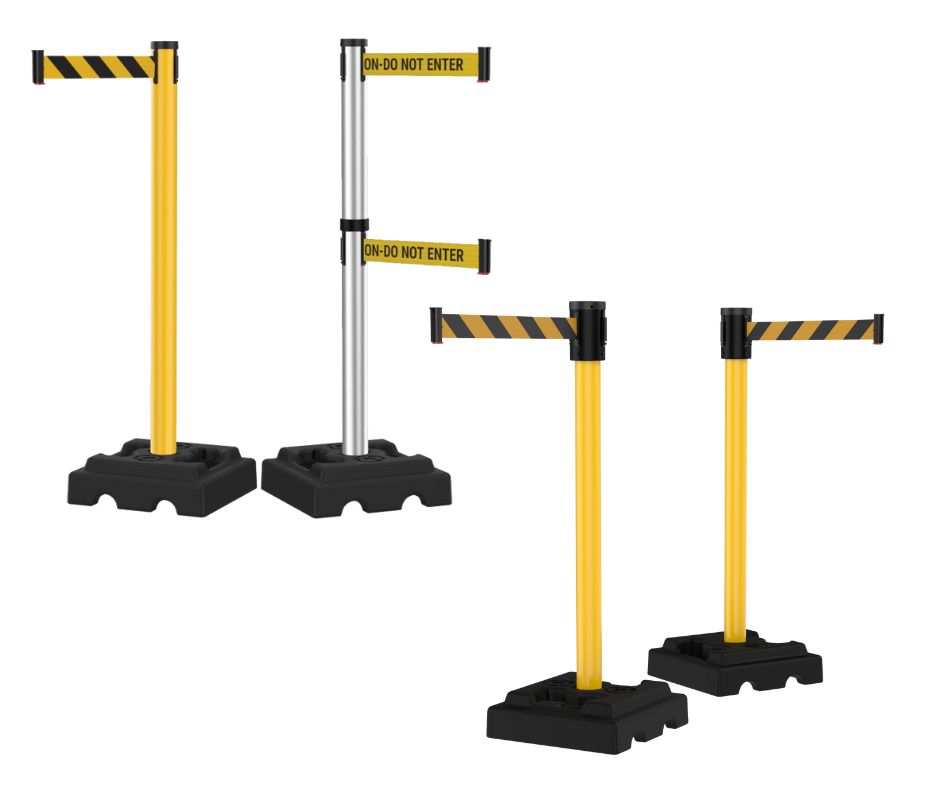 Four yellow and black industrial safety stanchions with retractable belts; two feature Do Not Enter signs, and two have yellow and black striped belts. All stanchions boast sturdy black bases for heavy-duty crowd control barriers.