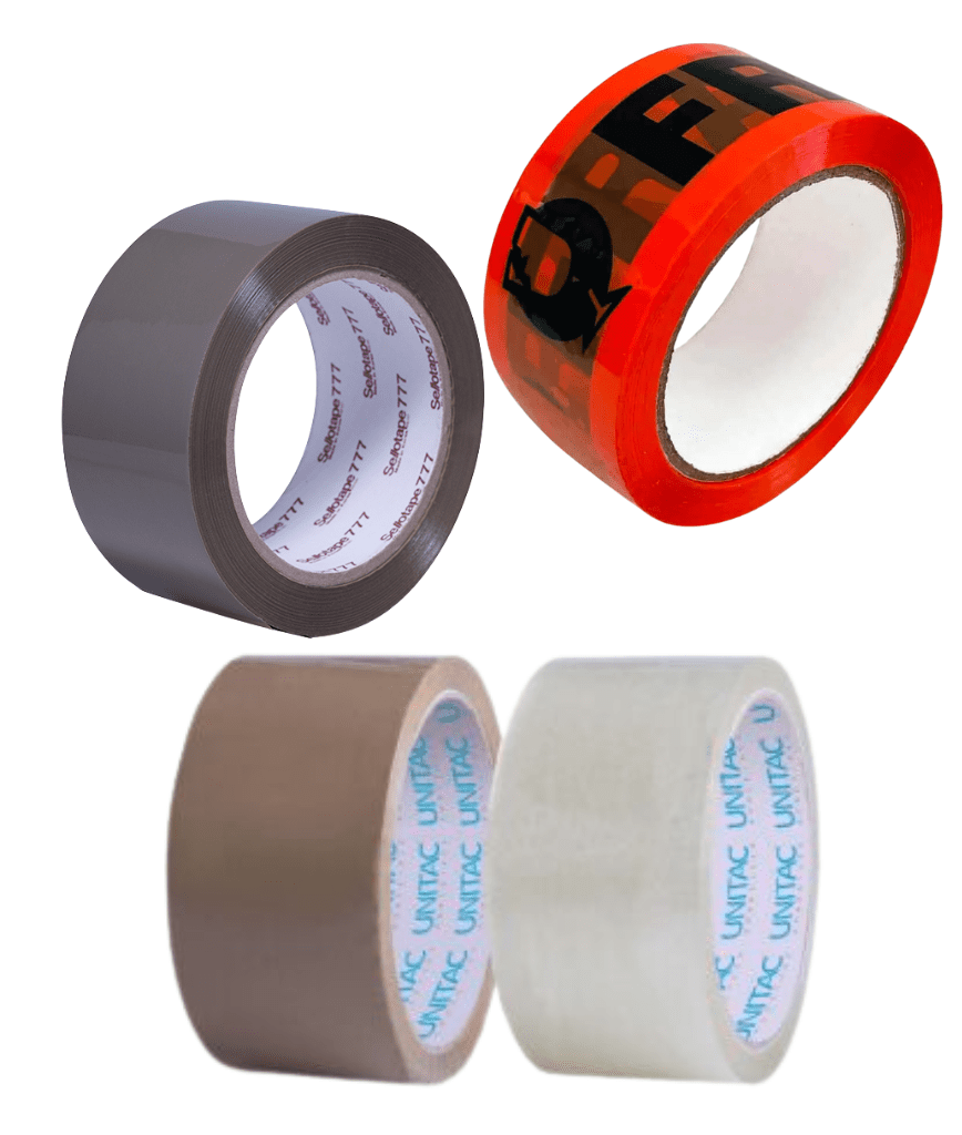 Four rolls of packaging tape are shown: two brown, one clear, and one red roll with black printed text. All tapes are designed for sealing boxes.