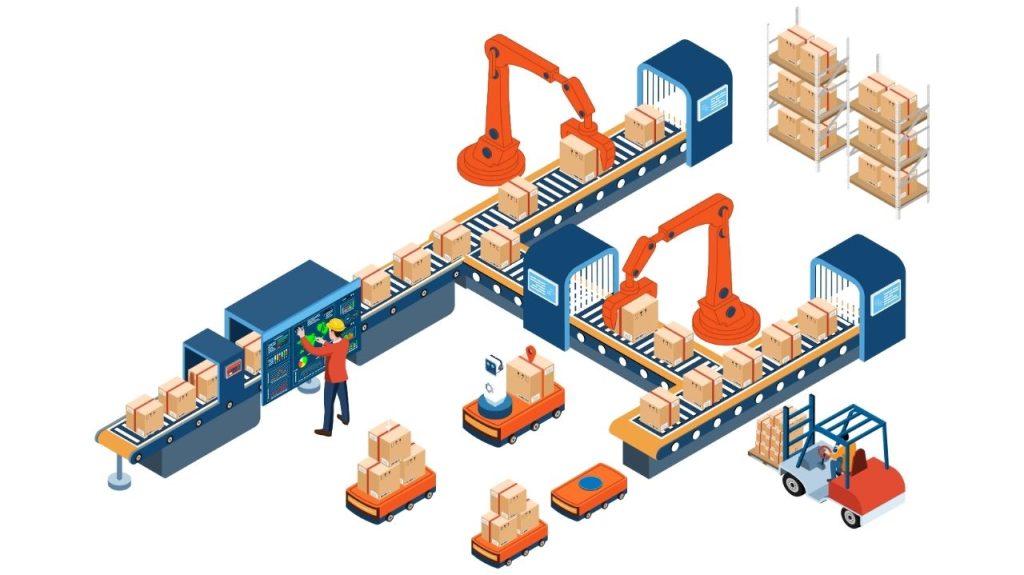 Illustration of an automated warehouse with conveyor belts, robotic arms handling boxes, a worker at a control panel, a forklift moving packages, and shelves stacked with boxes—showcasing warehouse workflow optimization in action.
