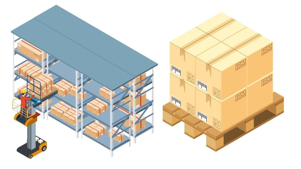 Isometric illustration of a warehouse scene highlighting warehouse workflow optimization, with a machine lifting a worker to reach shelves stocked with boxes, next to a pallet stacked with sealed cardboard boxes.
