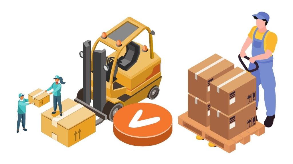 Illustration of two workers stacking boxes, a forklift carrying a box, and another worker moving a pallet with a pallet jack—showcasing lean warehouse design. An orange button with a white downward arrow is in the center.