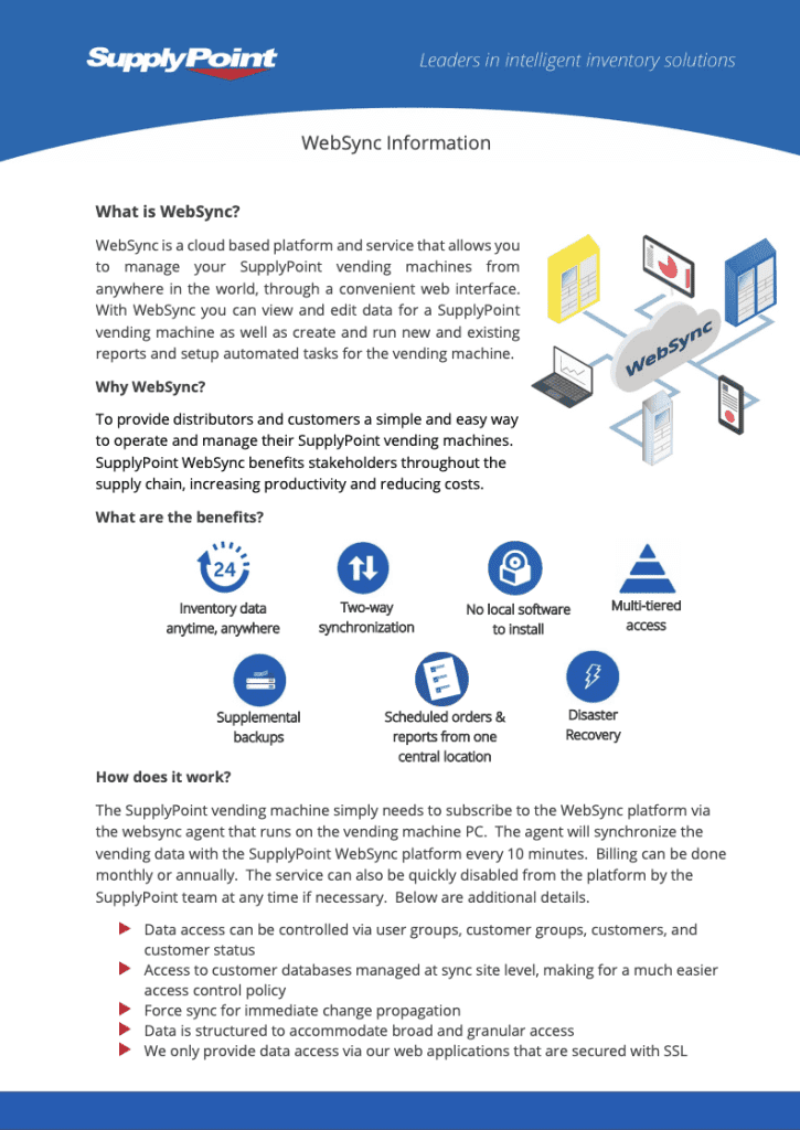 A blue-themed informational flyer about SupplyPoint’s WebSync platform, describing its features and benefits with icons for data analytics, backup, sync, and secure access, and including a diagram and company branding.